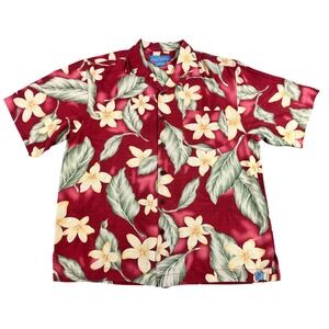 Bermuda Bay Silk Hawaiian Shirt Red Floral Tropical Short Sleeve Mens Sz Medium